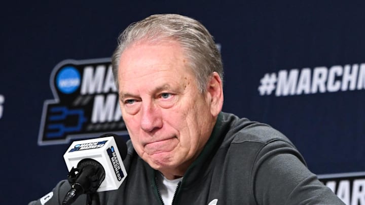 Mar 19, 2026; Buffalo, NY, USA; Michigan State Spartans head coach Tom Izzo speaks at a postgame press conference after the game against the North Dakota State Bison during a first round game of the men's 2026 NCAA Tournament at Keybank Center. Mar 19, 2026; Buffalo, NY, USA; Michigan State Spartans head coach Tom Izzo speaks at a postgame press conference after the game against the North Dakota State Bison during a first round game of the men's 2026 NCAA Tournament at Keybank Center.