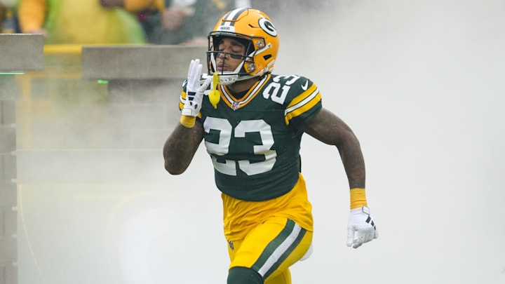 Oct 13, 2024; Green Bay, Wisconsin, USA;  Green Bay Packers cornerback Jaire Alexander (23) prior to the game against the Arizona Cardinals at Lambeau Field. Mandatory Credit: Jeff Hanisch-Imagn Images