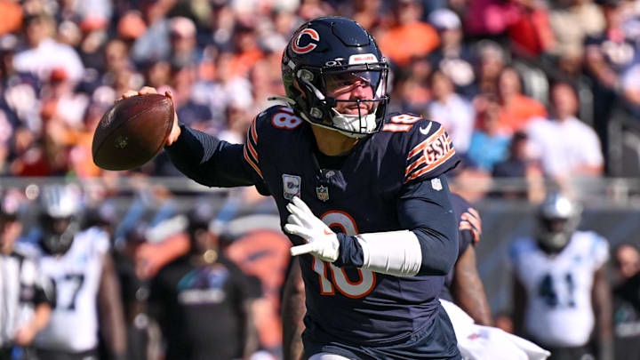 Oct 6, 2024; Chicago, Illinois, USA; Chicago Bears quarterback Caleb Williams (18) passes the ball against the Carolina Panthers during the third quarter at Soldier Field. Mandatory Credit: Daniel Bartel-Imagn Images Oct 6, 2024; Chicago, Illinois, USA; Chicago Bears quarterback Caleb Williams (18) passes the ball against the Carolina Panthers during the third quarter at Soldier Field. Mandatory Credit: Daniel Bartel-Imagn Images