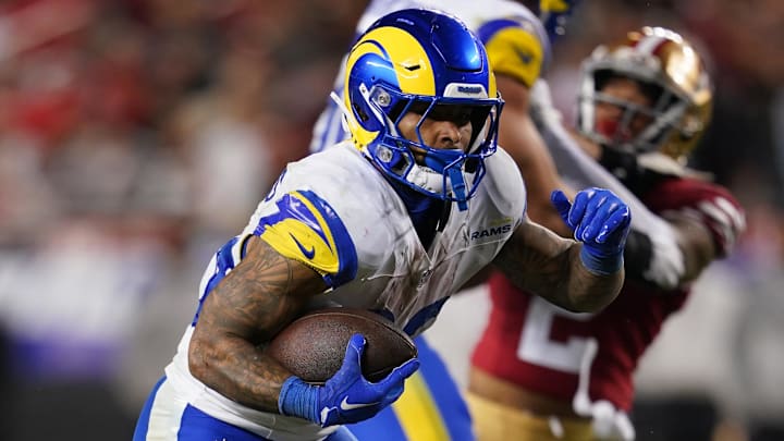 Dec 12, 2024; Santa Clara, California, USA; Los Angeles Rams running back Kyren Williams (23) runs the ball against the San Francisco 49ers in the fourth quarter at Levi's Stadium. Mandatory Credit: Cary Edmondson-Imagn Images