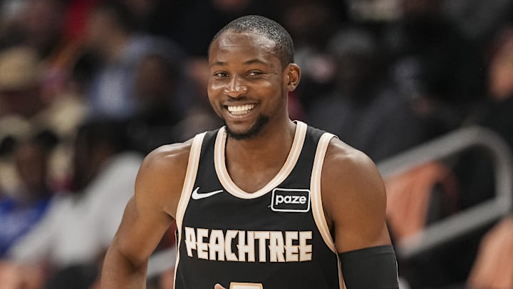 Atlanta Hawks forward Jonathan Kuminga (0) reacts after making a three point shot against the Washington Wizards during the first half at State Farm Arena, February 26, 2026