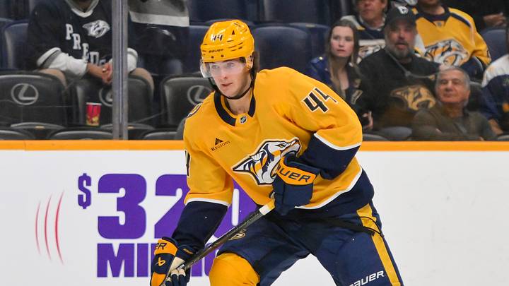 Oct 21, 2025; Nashville, Tennessee, USA;  Nashville Predators center Brady Martin (44) skates with the puck against the Anaheim Ducks during the third period at Bridgestone Arena. Mandatory Credit: Steve Roberts-Imagn Images