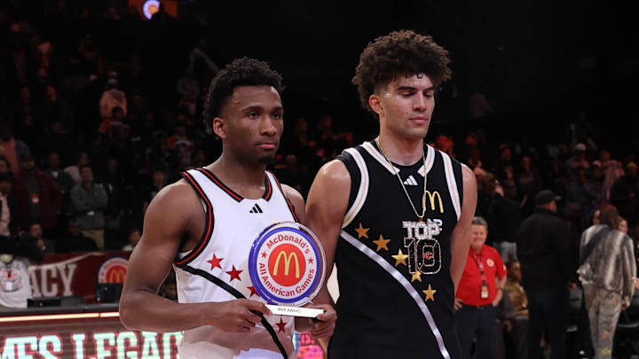 Apr 1, 2025; Brooklyn, NY, USA; McDonald's All American West guard Darryn Peterson (22) and McDonald's All American East forward Cameron Boozer (12) pose for photos after the game at Barclays Center. Mandatory Credit: Pamela Smith-Imagn Images Apr 1, 2025; Brooklyn, NY, USA; McDonald's All American West guard Darryn Peterson (22) and McDonald's All American East forward Cameron Boozer (12) pose for photos after the game at Barclays Center. Mandatory Credit: Pamela Smith-Imagn Images