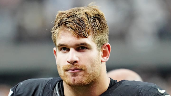 Oct 12, 2025; Paradise, Nevada, USA; Las Vegas Raiders tight end Michael Mayer (87) reacts after the game against the Tennessee Titans at Allegiant Stadium. Mandatory Credit: Stephen R. Sylvanie-Imagn Images