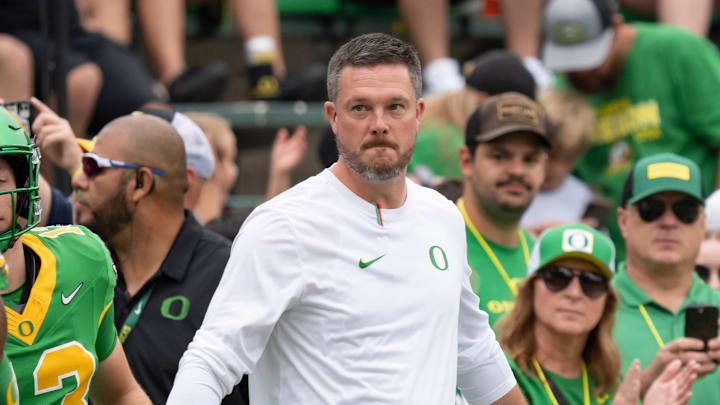 Oregon head coach Dan Lanning walks the field as the Oregon Ducks host the Oklahoma State Cowboys on Sept. 6, 2025, at Autzen Stadium in Eugene, Oregon.