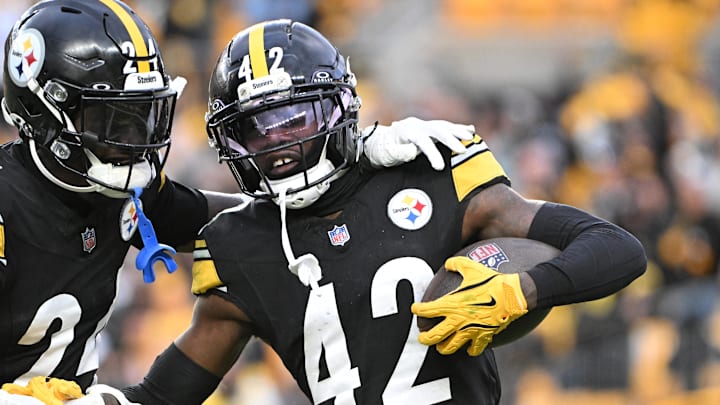 Nov 16, 2025; Pittsburgh, Pennsylvania, USA; Pittsburgh Steelers cornerback James Pierre (42) celebrates with cornerback Joey Porter Jr. (24) after scoring a touchdown against the Cincinnati Bengals during the fourth quarter at Acrisure Stadium. Mandatory Credit: Barry Reeger-Imagn Images