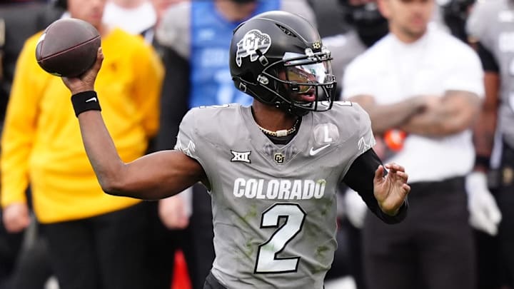 Nov 16, 2024; Boulder, Colorado, USA; Colorado Buffaloes quarterback Shedeur Sanders (2) prepares to pass in the second half against the Utah Utes at Folsom Field. Mandatory Credit: Ron Chenoy-Imagn Images
