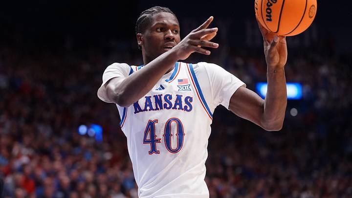 Kansas Jayhawks forward Flory Bidunga (40) grabs a rebound against Houston Cougars during the game inside Allen Fieldhouse on Monday, Feb. 23, 2026. Kansas Jayhawks forward Flory Bidunga (40) grabs a rebound against Houston Cougars during the game inside Allen Fieldhouse on Monday, Feb. 23, 2026.