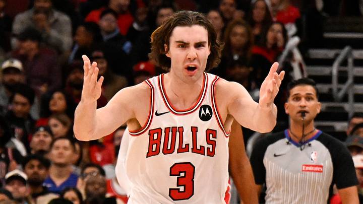 Oct 22, 2025; Chicago, Illinois, USA;  Chicago Bulls guard Josh Giddey (3) reacts during the second half against the Detroit Pistons at United Center. Mandatory Credit: Matt Marton-Imagn Images