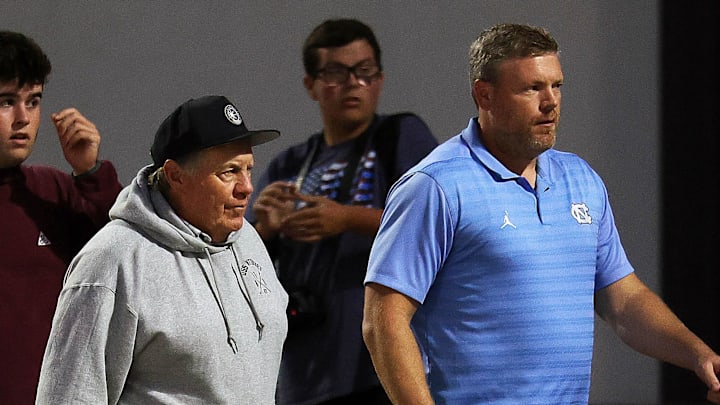 North Carolina head football coach Bill Belichick at the Tabor Academy vs. Milton Academy game on Friday, Sept. 26, 2025.