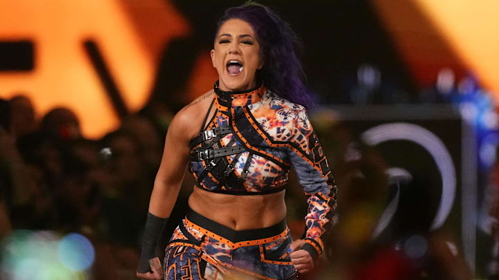 Feb 1, 2025; Indianapolis, IN, USA; Bayley during the Women’s Royal Rumble during the WWE Royal Rumble at Lucas Oil Stadium. Mandatory Credit: Joe Camporeale-Imagn Images