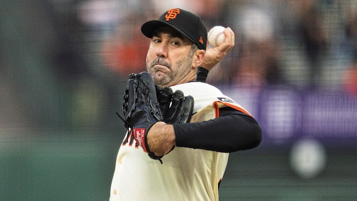 May 12, 2025; San Francisco, California, USA; San Francisco Giants starting pitcher Justin Verlander (35) delivers a pitch against the Arizona Diamondbacks during the first inning at Oracle Park.