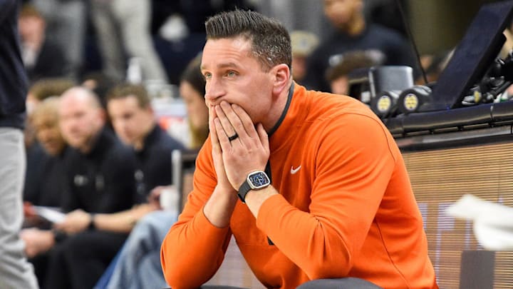 Auburn Tigers head coach Steven Pearl, foreground and South Carolina head coach Lamont Paris look on late in their Southeastern Conference game at Neville Arena in Auburn, Ala., on Saturday January 17, 2026.