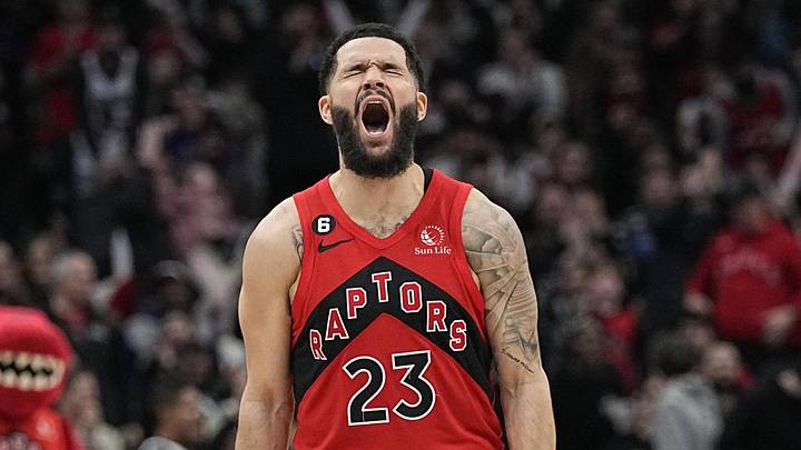  Jan 8, 2023; Toronto, Ontario, CAN; Toronto Raptors guard Fred VanVleet (23) reacts after making a three point basket against the Portland Trail Blazers during the second half at Scotiabank Arena. Mandatory Credit: John E. Sokolowski-Imagn Images