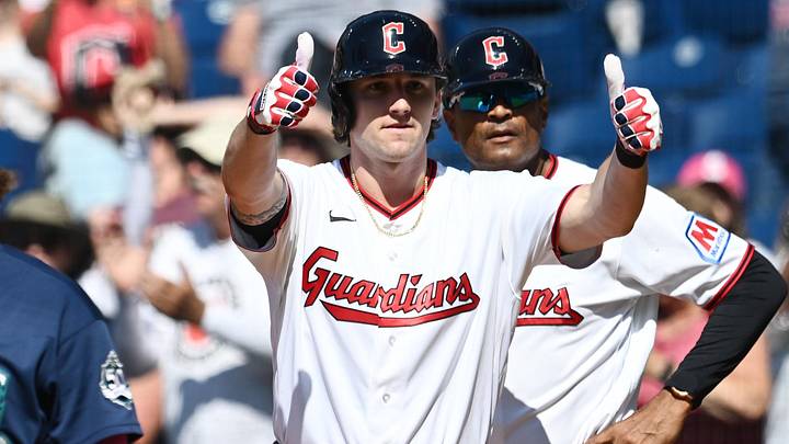 Jun 28, 2026; Cleveland, Ohio, USA; Cleveland Guardians designated hitter Chase DeLauter (24) celebrates after hitting an RBI double during the eighth inning against the Seattle Mariners at Progressive Field. Mandatory Credit: Ken Blaze-Imagn Images Jun 28, 2026; Cleveland, Ohio, USA; Cleveland Guardians designated hitter Chase DeLauter (24) celebrates after hitting an RBI double during the eighth inning against the Seattle Mariners at Progressive Field. Mandatory Credit: Ken Blaze-Imagn Images