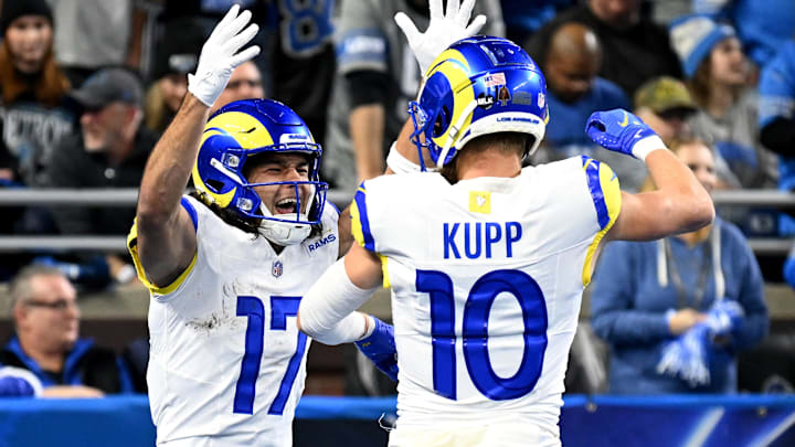 Jan 14, 2024; Detroit, Michigan, USA; Los Angeles Rams wide receiver Puka Nacua (17) celebrates with wide receiver Cooper Kupp (10) after a touchdown during the first half of a 2024 NFC wild card game against the Detroit Lions at Ford Field. Mandatory Credit: Lon Horwedel-Imagn Images