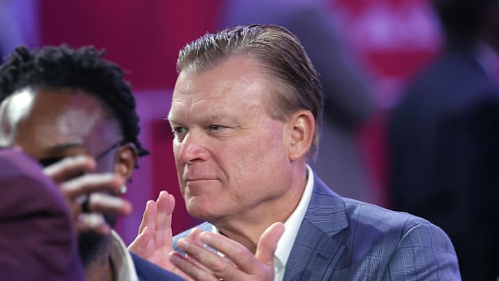 Jun 25, 2025; Brooklyn, NY, USA; Illinois Fighting Illini mens basketball head coach Brad Underwood reacts after Will Riley is selected as the 21st pick by the Utah Jazz in the first round of the 2025 NBA Draft at Barclays Center. Mandatory Credit: Brad Penner-Imagn Images Jun 25, 2025; Brooklyn, NY, USA; Illinois Fighting Illini mens basketball head coach Brad Underwood reacts after Will Riley is selected as the 21st pick by the Utah Jazz in the first round of the 2025 NBA Draft at Barclays Center. Mandatory Credit: Brad Penner-Imagn Images
