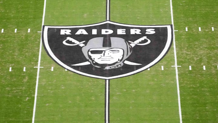 Jan 4, 2026; Paradise, Nevada, USA; The Las Vegas Raiders shield logo at midfield at Allegiant Stadium. Mandatory Credit: Kirby Lee-Imagn Images