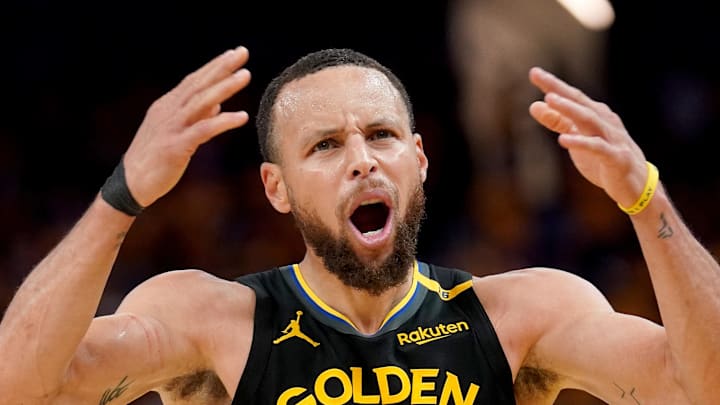 May 2, 2025; San Francisco, California, USA; Golden State Warriors guard Stephen Curry (30) reacts after being fouled against the Houston Rockets in the third quarter of game six of the first round for the 2025 NBA Playoffs at Chase Center. Mandatory Credit: Cary Edmondson-Imagn Images