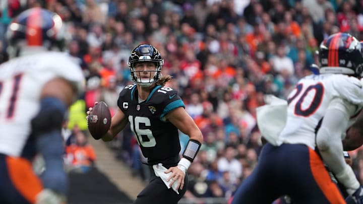 Oct 30, 2022; London, United Kingdom;  Jacksonville Jaguars quarterback Trevor Lawrence (16) throws the ball in the first half against the Denver Broncos during an NFL International Series game at Wembley Stadium. Mandatory Credit: Kirby Lee-Imagn Images