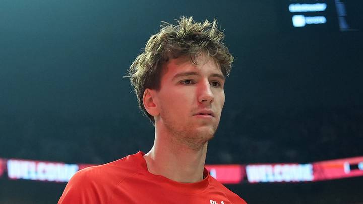 Nov 19, 2025; Portland, Oregon, USA; Chicago Bulls forward Matas Buzelis (14) is introduced before the game against the Portland Trail Blazers at Moda Center. Mandatory Credit: Soobum Im-Imagn Images