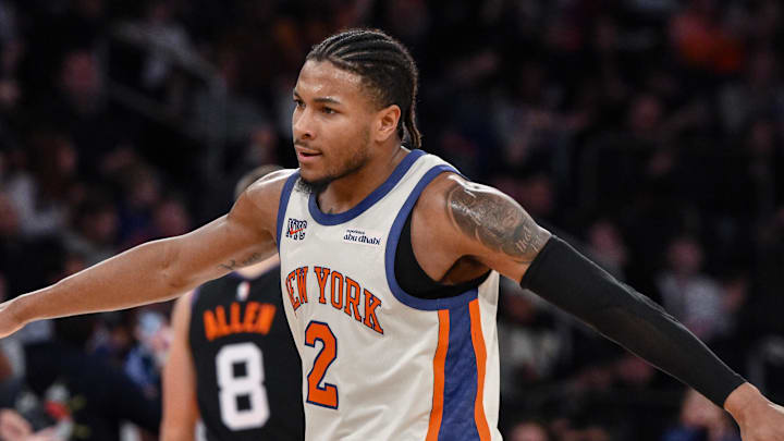 Jan 17, 2026; New York, New York, USA; New York Knicks guard Miles McBride (2) reacts during the second half against the Phoenix Suns at Madison Square Garden. Mandatory Credit: John Jones-Imagn Images