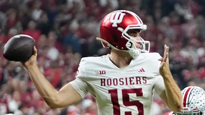 Indiana Hoosiers quarterback Fernando Mendoza (15) throws during the first half of the Big Ten Conference championship game against the Ohio State Buckeyes at Lucas Oil Stadium in Indianapolis on Dec. 6, 2025. Indiana Hoosiers quarterback Fernando Mendoza (15) throws during the first half of the Big Ten Conference championship game against the Ohio State Buckeyes at Lucas Oil Stadium in Indianapolis on Dec. 6, 2025.