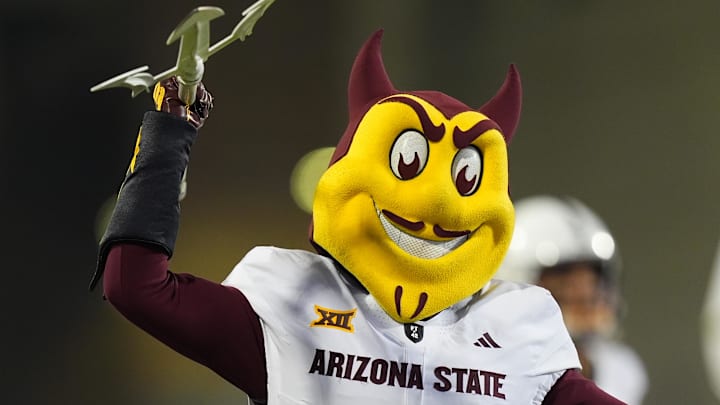 Nov 22, 2025; Boulder, Colorado, USA; Arizona State Sun Devils mascot Sparky before the game against the Colorado Buffaloes at Folsom Field. Mandatory Credit: Ron Chenoy-Imagn Images
