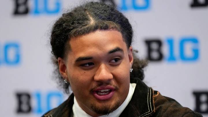 Oregon defensive end Matayo Uiagalelei speaks to the media during the Big Ten NCAA college football media days at Mandalay Bay Resort. Mandatory Credit: Lucas Peltier-Imagn Images
