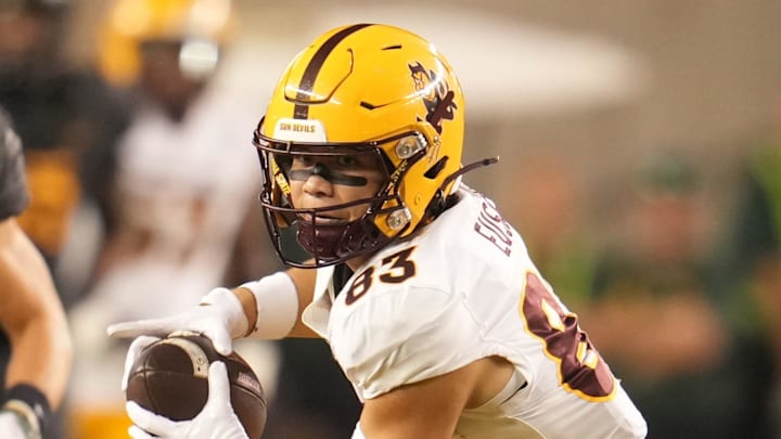 Sep 20, 2025; Waco, Texas, USA; Arizona State Sun Devils wide receiver Derek Eusebio (83) makes a catch ahead of Baylor Bears safety Jacob Redding (38) during the second half at McLane Stadium. Mandatory Credit: Chris Jones-Imagn Images