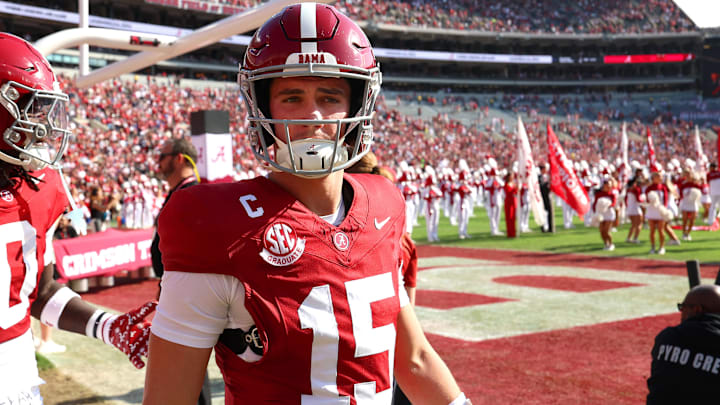 Nov 22, 2025; Tuscaloosa, Alabama, USA; Alabama Crimson Tide quarterback Ty Simpson (15) takes the field before a game against the Eastern Illinois Panthers at Saban Field at Bryant-Denny Stadium. Mandatory Credit: David Leong-Imagn Images