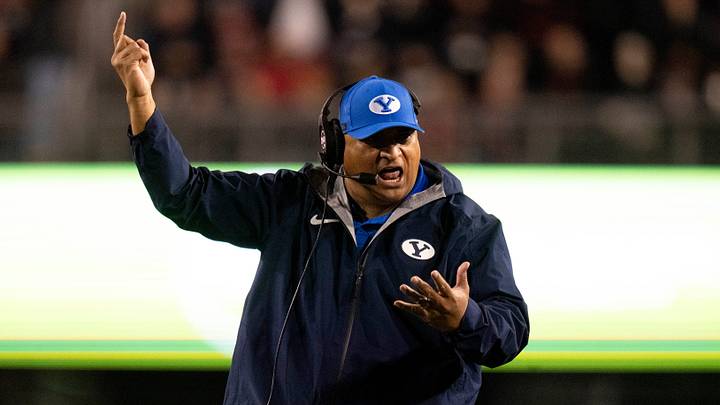 BYU Cougars head coach Kalani Sitake coaches in the fourth quarter of the NCAA football game between the Cincinnati Bearcats and BYU Cougars at Nippert Stadium in Cincinnati on Nov. 22, 2025. BYU Cougars head coach Kalani Sitake coaches in the fourth quarter of the NCAA football game between the Cincinnati Bearcats and BYU Cougars at Nippert Stadium in Cincinnati on Nov. 22, 2025.
