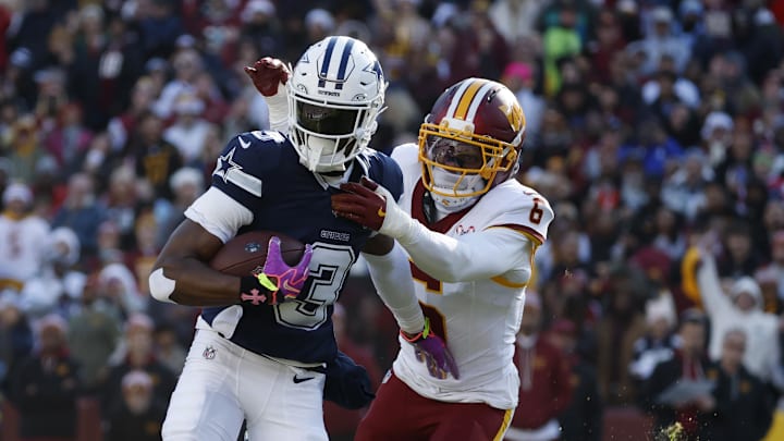 Dec 25, 2025; Landover, Maryland, USA; Dallas Cowboys wide receiver George Pickens (3) carries the ball as Washington Commanders cornerback Noah Igbinoghene (6) defends during the first half at Northwest Stadium. Mandatory Credit: Amber Searls-Imagn Images Dec 25, 2025; Landover, Maryland, USA; Dallas Cowboys wide receiver George Pickens (3) carries the ball as Washington Commanders cornerback Noah Igbinoghene (6) defends during the first half at Northwest Stadium. Mandatory Credit: Amber Searls-Imagn Images