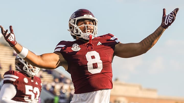 Mississippi State Bulldogs tight end Seydou Traore (8) reacts after a touchdown during the first quarter against the Alcorn State Braves at Davis Wade Stadium at Scott Field. Mississippi State Bulldogs tight end Seydou Traore (8) reacts after a touchdown during the first quarter against the Alcorn State Braves at Davis Wade Stadium at Scott Field.
