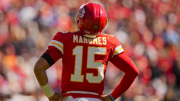 Oct 19, 2025; Kansas City, Missouri, USA; Kansas City Chiefs quarterback Patrick Mahomes (15) reacts during the first half against the Las Vegas Raiders at GEHA Field at Arrowhead Stadium. Mandatory Credit: Jay Biggerstaff-Imagn Images