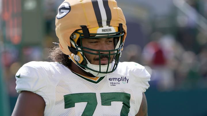 Green Bay Packers offensive tackle Jordan Morgan (77) is shown during a joint practice with the Seattle Seahawks on Thursday, August 21, 2025 in Green Bay, Wisconsin.