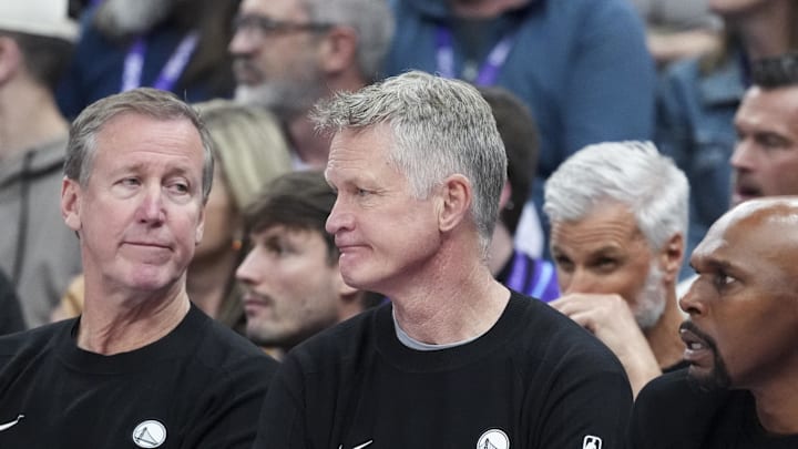 Mar 9, 2026; Salt Lake City, Utah, USA; Golden State Warriors head coach Steve Kerr reacts on the bench in the the second quarter at Delta Center.  Mandatory Credit: Gabriel Mayberry-Imagn Images