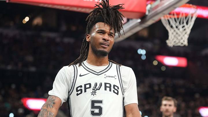 Apr 28, 2026; San Antonio, Texas, USA; San Antonio Spurs guard Stephon Castle (5) reacts during the second half of game five of the first round of the 2026 NBA Playoffs against the Portland Trail Blazers at Frost Bank Center. Mandatory Credit: Scott Wachter-Imagn Images