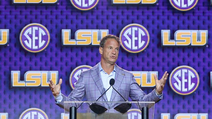 LSU Tigers head coach Lane Kiffin speaks to the press during SEC Football Kickoff Media Day at the Tampa Marriott. LSU Tigers head coach Lane Kiffin speaks to the press during SEC Football Kickoff Media Day at the Tampa Marriott.