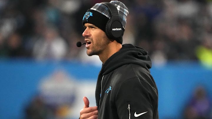 Nov 10, 2024; Munich, Germany; Carolina Panthers coach Dave Canales reacts in the second half against the New York Giants during the 2024 NFL Munich Game at Allianz Arena. Mandatory Credit: Kirby Lee-Imagn Images
