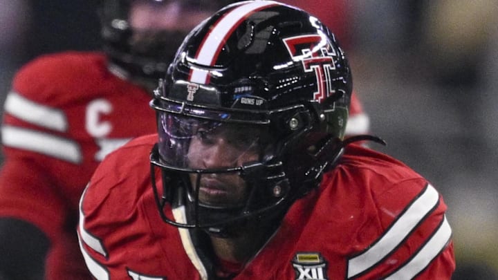 Dec 6, 2025; Arlington, TX, USA; Texas Tech Red Raiders linebacker Romello Height (9) rushes the line during the game between the Red Raiders and the Cougars at AT&T Stadium. Mandatory Credit: Jerome Miron-Imagn Images