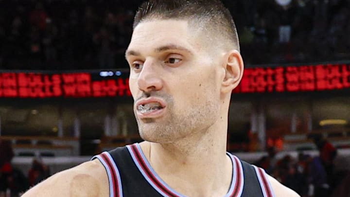 Jan 14, 2026; Chicago, Illinois, USA; Chicago Bulls center Nikola Vucevic (9) celebrates teams win against the Utah Jazz at United Center. Mandatory Credit: Kamil Krzaczynski-Imagn Images
