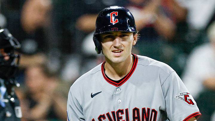 Aug 8, 2026; Chicago, Illinois, USA; Cleveland Guardians designated hitter Chase DeLauter (24) reacts after striking out against the Chicago White Sox during the seventh inning at Rate Field. Mandatory Credit: Kamil Krzaczynski-Imagn Images Aug 8, 2026; Chicago, Illinois, USA; Cleveland Guardians designated hitter Chase DeLauter (24) reacts after striking out against the Chicago White Sox during the seventh inning at Rate Field. Mandatory Credit: Kamil Krzaczynski-Imagn Images