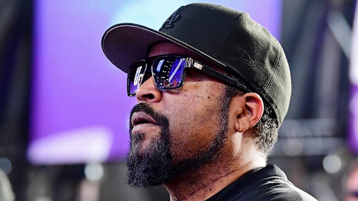 Apr 28, 2022; Las Vegas, NV, USA; Recording artist Ice Cube looks on before the first round of the 2022 NFL Draft at the NFL Draft Theater. Mandatory Credit: Gary Vasquez-Imagn Images