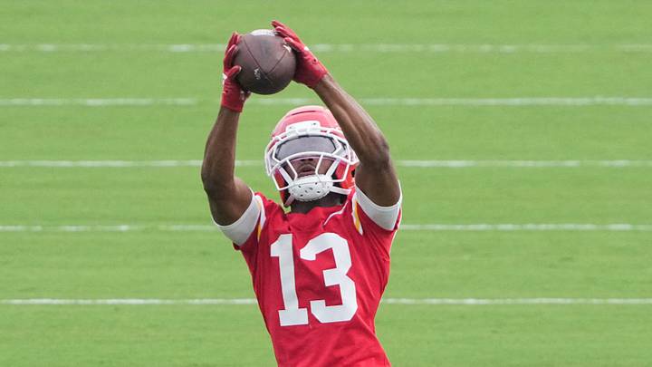 Jul 29, 2026; St. Joseph, MO, USA; Kansas City Chiefs wide receiver Cyrus Allen (13) catches a pass during training camp at Missouri Western State University. Mandatory Credit: Denny Medley-Imagn Images