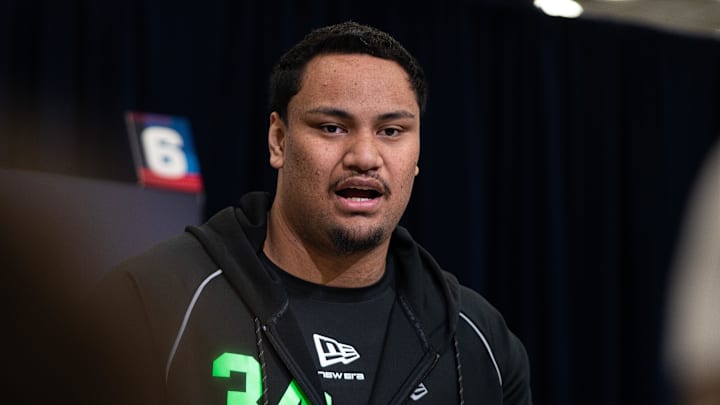 Feb 28, 2026; Indianapolis, IN, USA; Miami offensive lineman Francis Mauigoa (OL34) speaks to members of the media during the NFL Combine at the Indiana Convention Center. Mandatory Credit: Jacob Musselman-Imagn Images Feb 28, 2026; Indianapolis, IN, USA; Miami offensive lineman Francis Mauigoa (OL34) speaks to members of the media during the NFL Combine at the Indiana Convention Center. Mandatory Credit: Jacob Musselman-Imagn Images