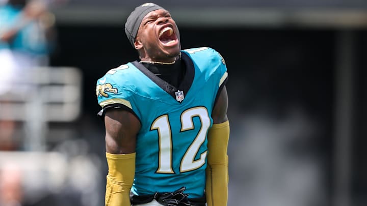 Sep 21, 2025; Jacksonville, Florida, USA; Jacksonville Jaguars wide receiver Travis Hunter (12) enters the field before the game against the Houston Texans at EverBank Stadium. Mandatory Credit: Morgan Tencza-Imagn Images