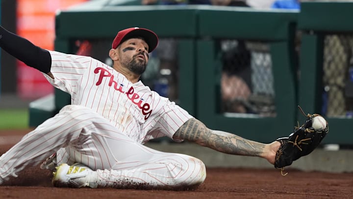 Philadelphia Phillies outfielder Nick Castellanos attempts to field a foul ball against the New York Mets in the seventh inning at Citizens Bank Park.