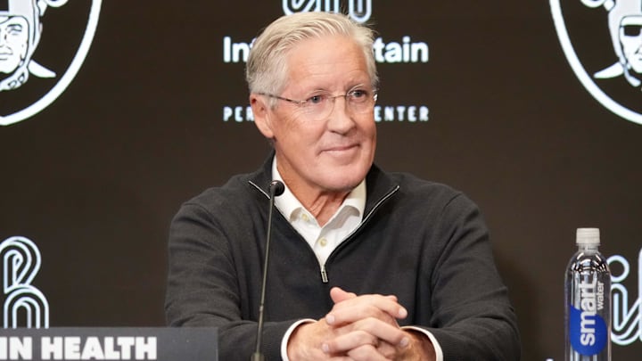 Jan 27, 2025; Las Vegas, NV, USA; Las Vegas Raiders coach Pete Carroll at press conference at Intermountain Health Performance Center. Mandatory Credit: Kirby Lee-Imagn Images Jan 27, 2025; Las Vegas, NV, USA; Las Vegas Raiders coach Pete Carroll at press conference at Intermountain Health Performance Center. Mandatory Credit: Kirby Lee-Imagn Images