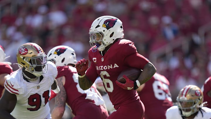 Sep 21, 2025; Santa Clara, California, USA; Arizona Cardinals running back James Conner (6) carries the ball against the San Francisco 49ers during the second half at Levi's Stadium. Mandatory Credit: Kyle Terada-Imagn Images Sep 21, 2025; Santa Clara, California, USA; Arizona Cardinals running back James Conner (6) carries the ball against the San Francisco 49ers during the second half at Levi's Stadium. Mandatory Credit: Kyle Terada-Imagn Images
